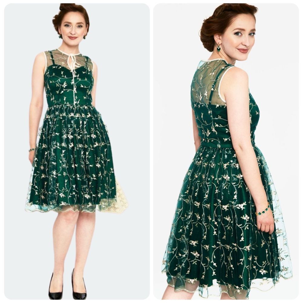 Voodoo Vixen Tallulah Tulle Floral Embellished Dress | Forest Green | Large